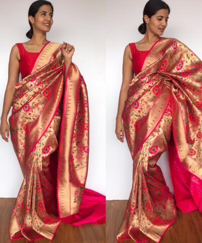 Pink Banarasi Silk Saree with Beautiful Paithani Weaves