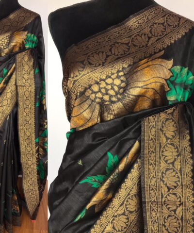 Black Banarasi Silk Saree with Beautiful Floral Zari Weaves
