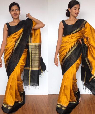 Mustard Pure Raw Silk Saree with Temple Zari Woven Border