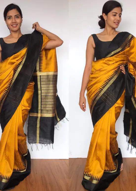 Mustard Pure Raw Silk Saree with Temple Zari Woven Border