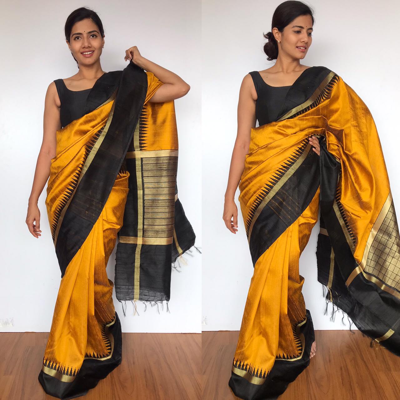 Mustard Pure Raw Silk Saree with Temple Zari Woven Border