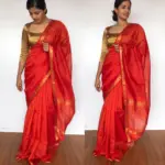 Orange Mangalagiri Silk Saree with Gold Zari Checks - Image 3