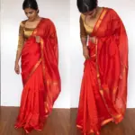 Orange Mangalagiri Silk Saree with Gold Zari Checks - Image 4