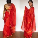 Orange Mangalagiri Silk Saree with Gold Zari Checks - Image 2