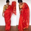 Orange Mangalagiri Silk Saree with Gold Zari Checks