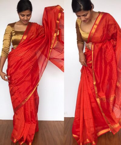 Orange Mangalagiri Silk Saree with Gold Zari Checks