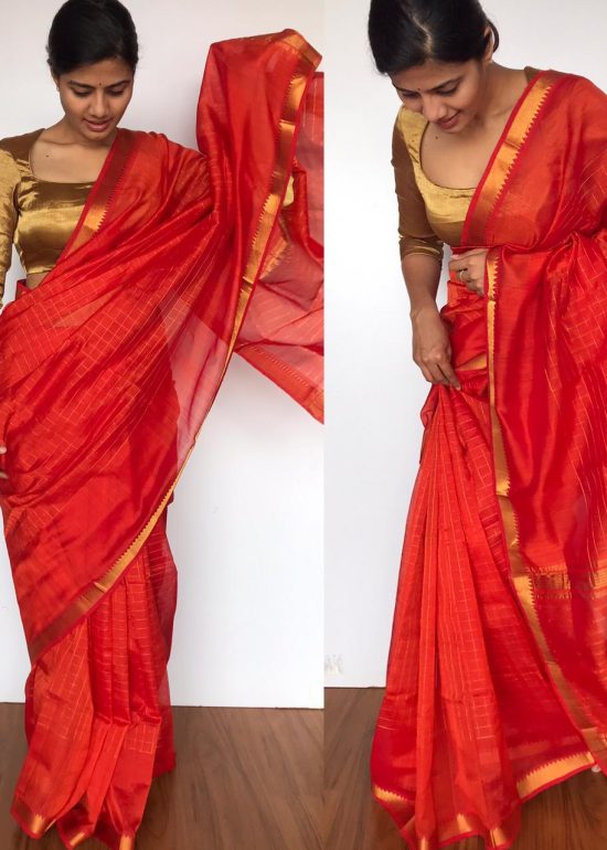 Orange Mangalagiri Silk Saree with Gold Zari Checks