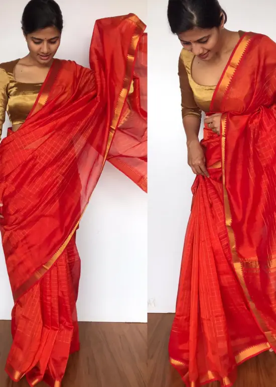 Orange Mangalagiri Silk Saree with Gold Zari Checks