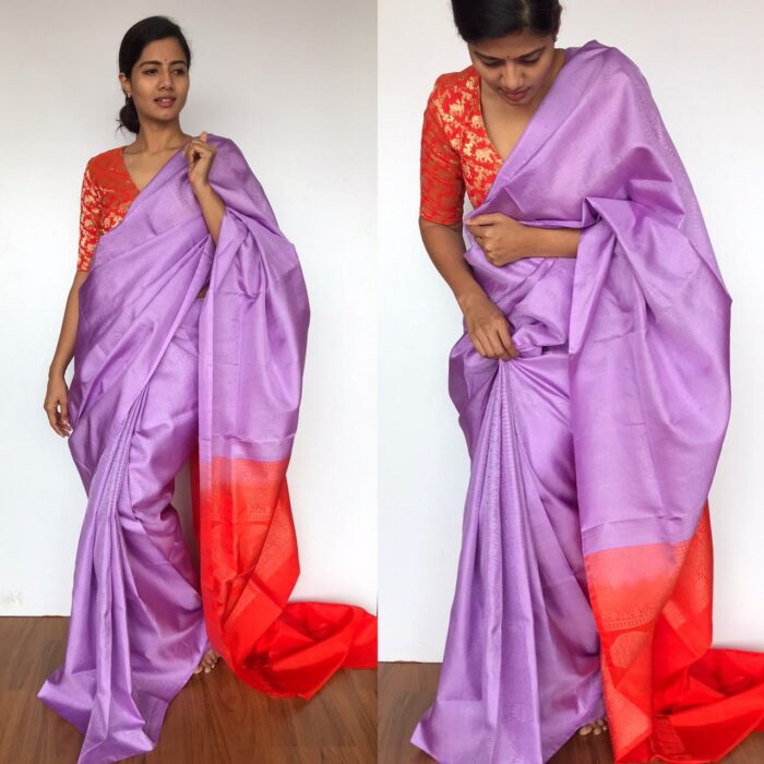 Lilac Kanjivaram Silk Saree with Handwoven Silver zari brocade weaves