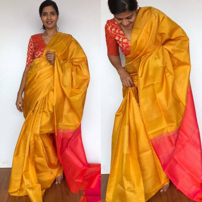 Mustard Kanjivaram Silk Saree with Handwoven Gold zari weaves