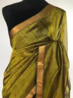Green Mangalagiri Silk Saree woven in Gold Zari Checks - Image 2
