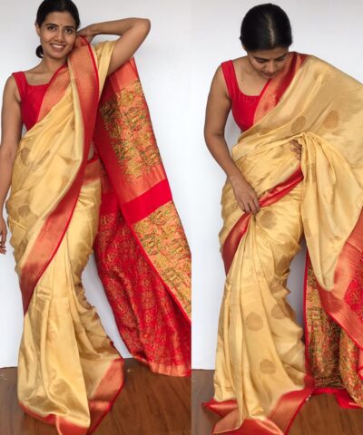 Beige Muga Silk Saree with Antique Gold Zari and Patola Weaves