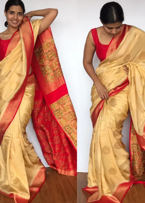 Beige Muga Silk Saree with Antique Gold Zari and Patola Weaves
