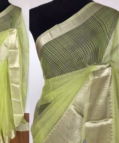 Pista Green Mangalagiri Cotton Silk Saree with Kanchi Silk Border