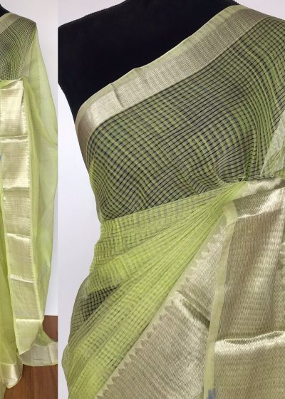 Pista Green Mangalagiri Cotton Silk Saree with Kanchi Silk Border