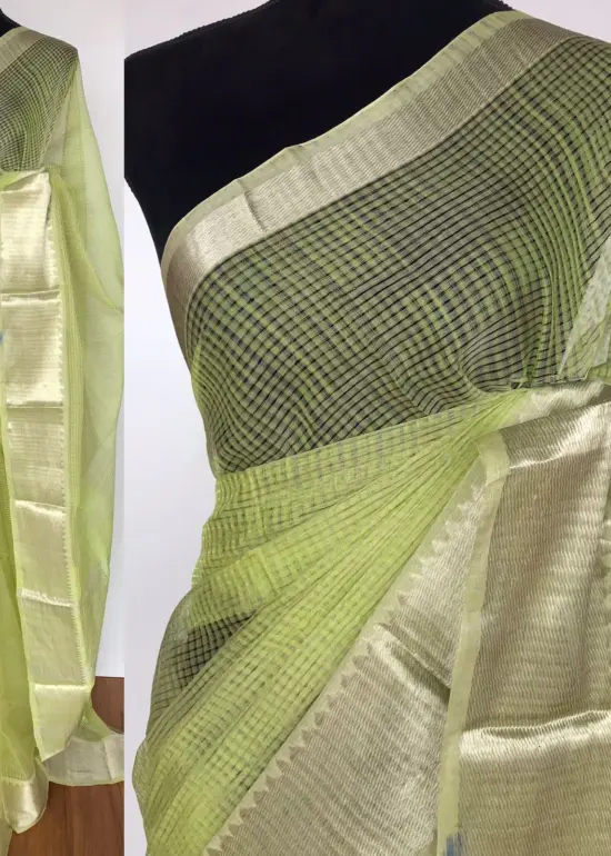 Pista Green Mangalagiri Cotton Silk Saree with Kanchi Silk Border