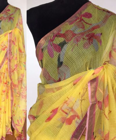 Yellow Kota Cotton Saree with Digital Prints