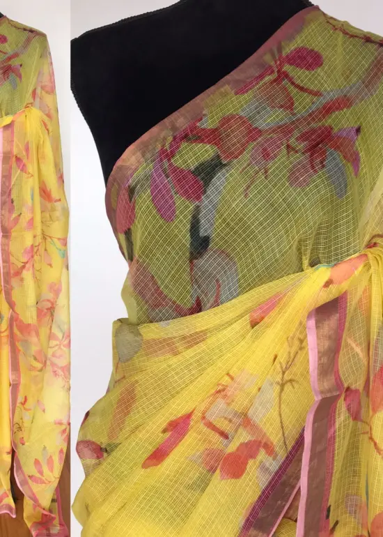 Yellow Kota Cotton Saree with Digital Prints
