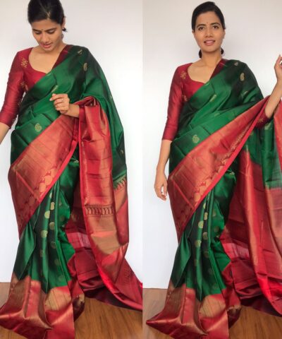 Bottle Green Kanjivaram Silk Saree with Gold Zari Weaves
