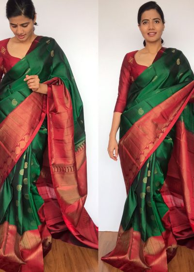 Bottle Green Kanjivaram Silk Saree with Gold Zari Weaves