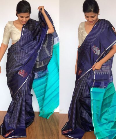 Navyblue Kanjivaram Silk Saree with Silver Zari Checks