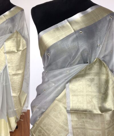Silver Kota Silk Saree with Mirror Work