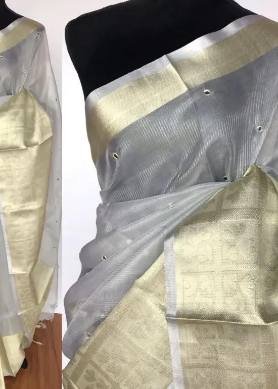 Silver Kota Silk Saree with Mirror Work