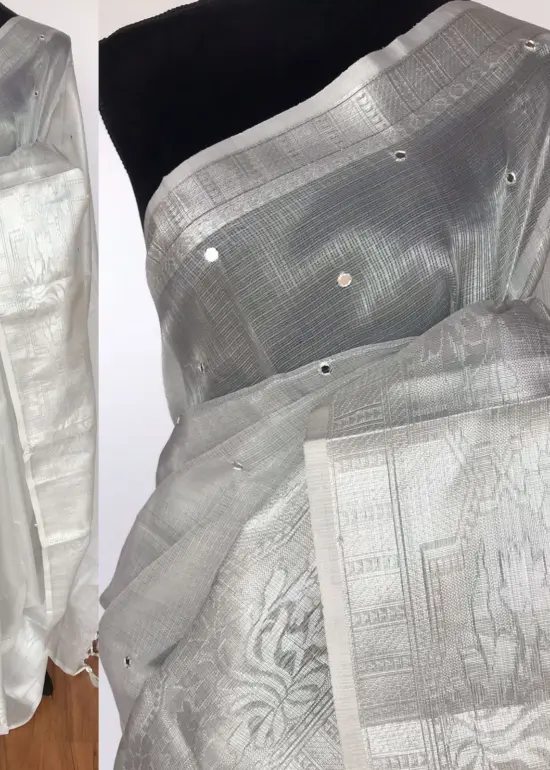Silver Kota Silk Saree with Mirror Work