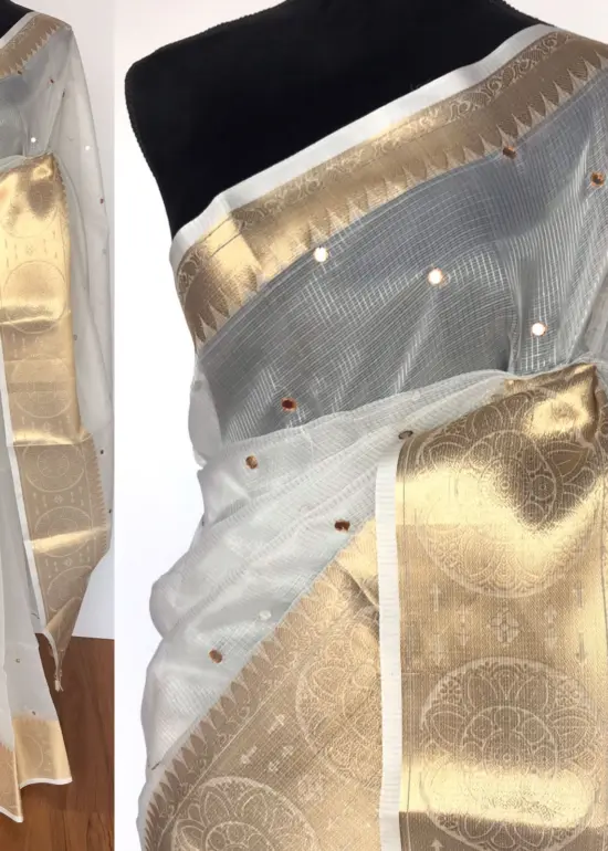 Silver Kota Silk Saree with Mirror Work