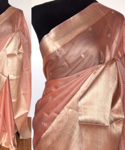 Peach Kota Silk Saree with Mirror Work