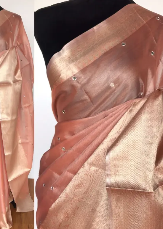 Peach Kota Silk Saree with Mirror Work