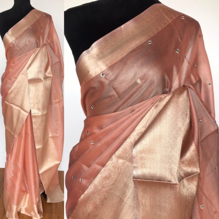 Peach Kota Silk Saree with Mirror Work