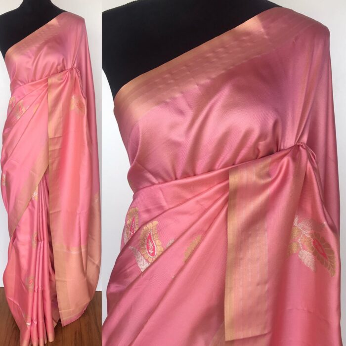 Creamy Pink Banarasi Silk Saree with Gold and Silver Zari Weaves