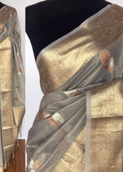 Grey Tissue Silk Saree with Gold and Silver Zari Buttas