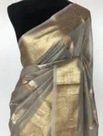 Grey Tissue Silk Saree with Gold and Silver Zari Buttas - Image 3