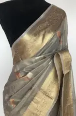 Grey Tissue Silk Saree with Gold and Silver Zari Buttas - Image 4