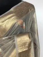 Grey Tissue Silk Saree with Gold and Silver Zari Buttas - Image 5