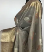 Grey Tissue Silk Saree with Gold and Silver Zari Buttas - Image 6