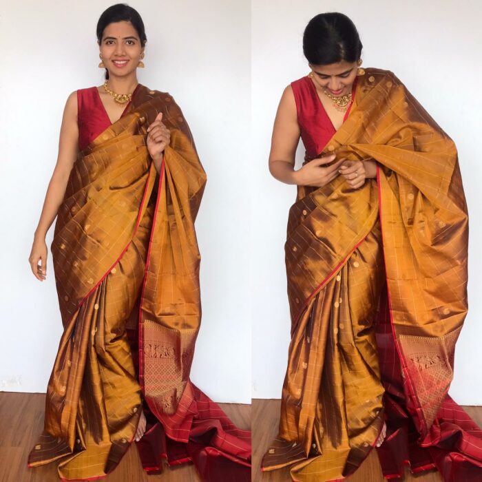 Mustard Kanjivaram Silk Saree with Handwoven Pakshi Zari Buttas