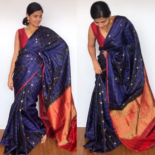 Blue Kanjivaram Silk Saree with Handwoven Pakshi Zari Buttas