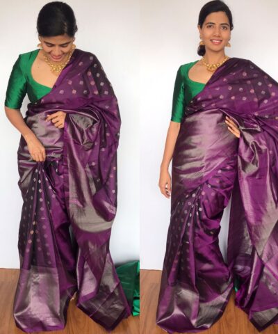 Purple Kanjivaram Silk Saree with Handwoven Silver and Gold Zari Weaves