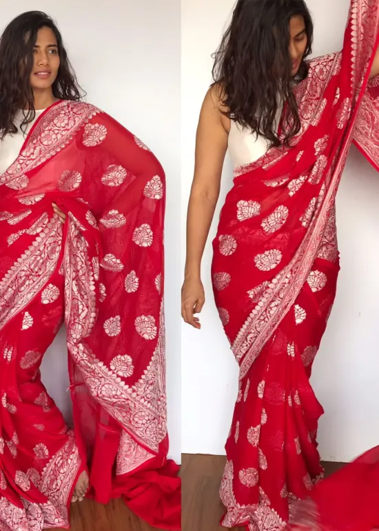 Scarlet Red Banarasi Khaddi Georgette Saree