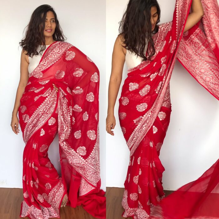 Scarlet Red Banarasi Khaddi Georgette Saree