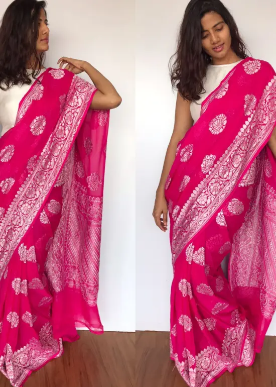 Hot Pink Banarasi Khaddi Georgette Saree