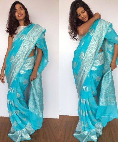 Pure Blue Banarasi Khaddi Georgette Saree