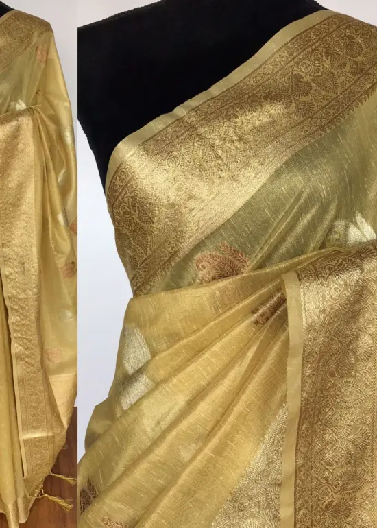 Green Tissue Silk Saree with Gold and Silver Zari Buttas
