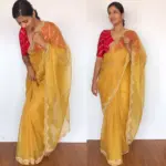 Mustard Embroidered Organza Silk Saree - Image 2