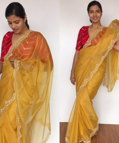 Mustard Embroidered Organza Silk Saree