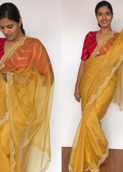 Mustard Embroidered Organza Silk Saree