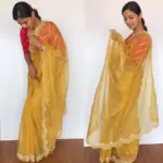 Mustard Embroidered Organza Silk Saree - Image 3